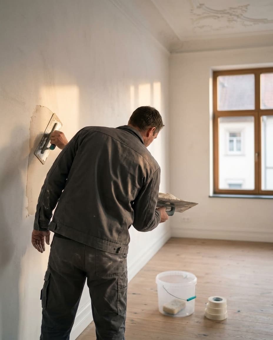 Handwerker verputzt eine Wand in einem sanierten Altbau